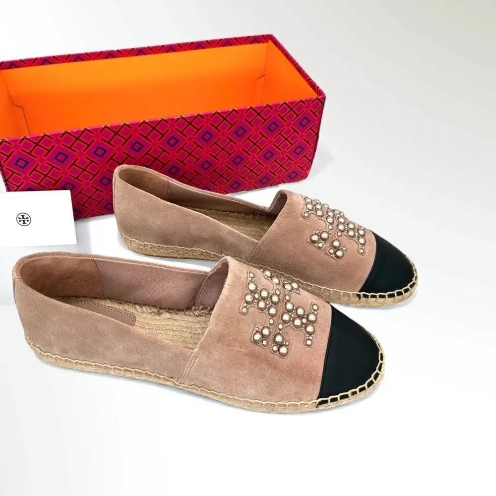 Tory Burch Pearl Logo Espadrille Flats Sensory MFO Suede Meadowsweet Womens 10